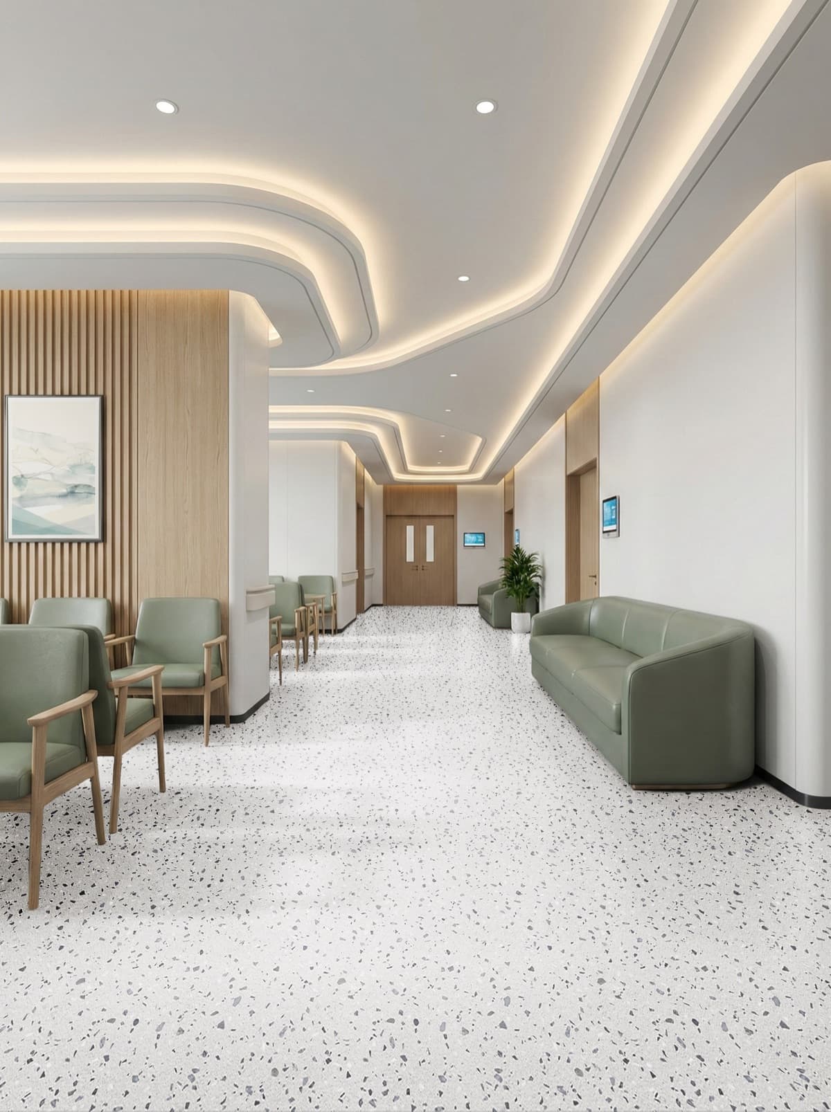 Modern hospital lobby with terrazzo-style commercial flooring and sage green seating