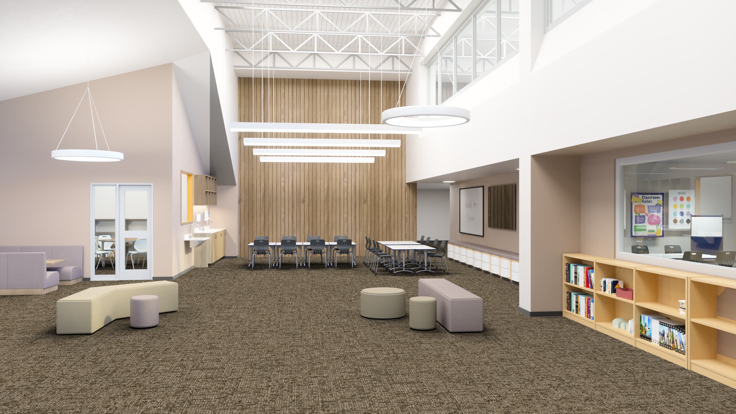 Modern media center featuring Contract 180 commercial carpet tile flooring